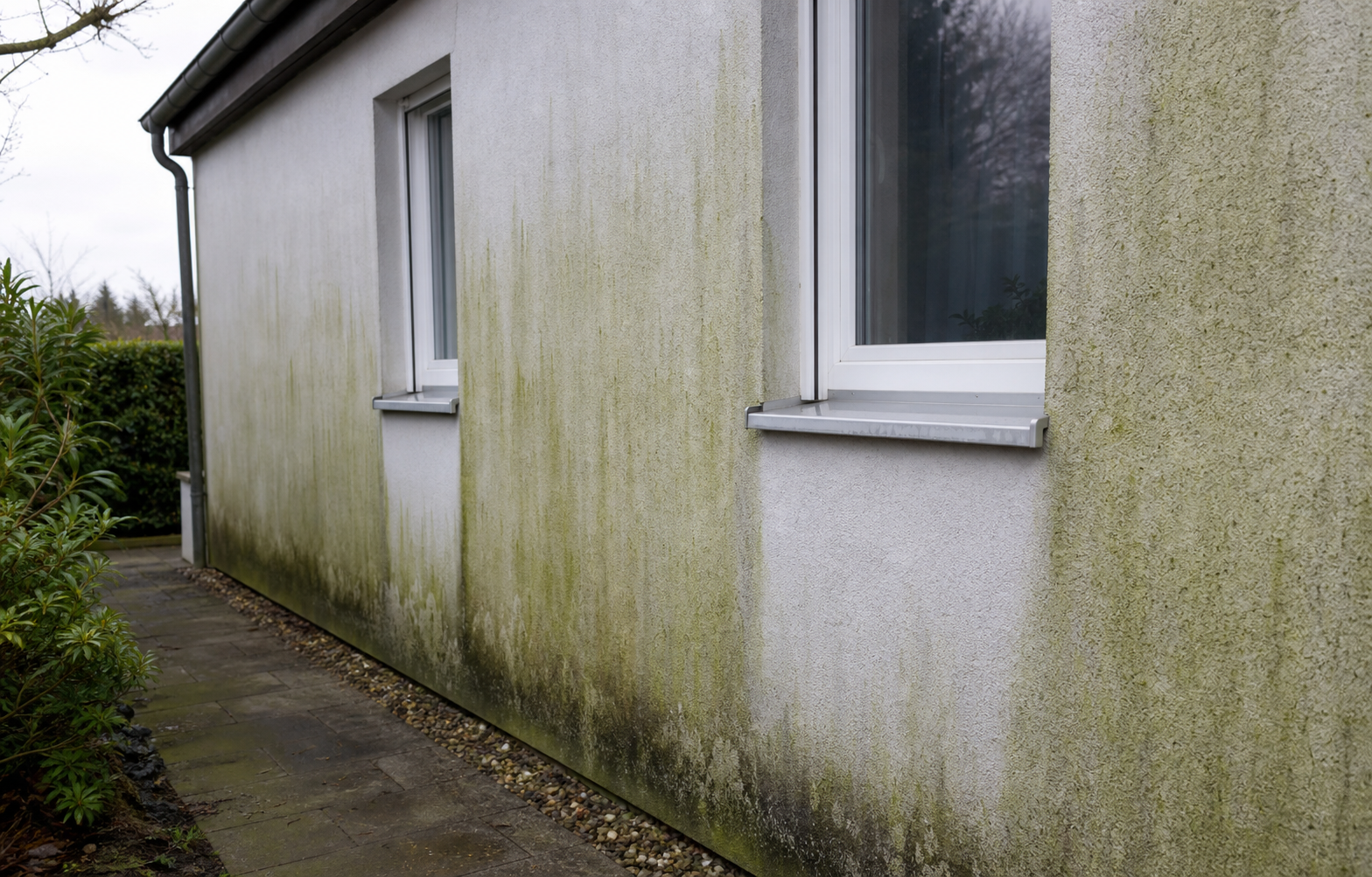 Algen und Grünbelag auf Hausfassade in Würzburg vor der professionellen Fassadenreinigung