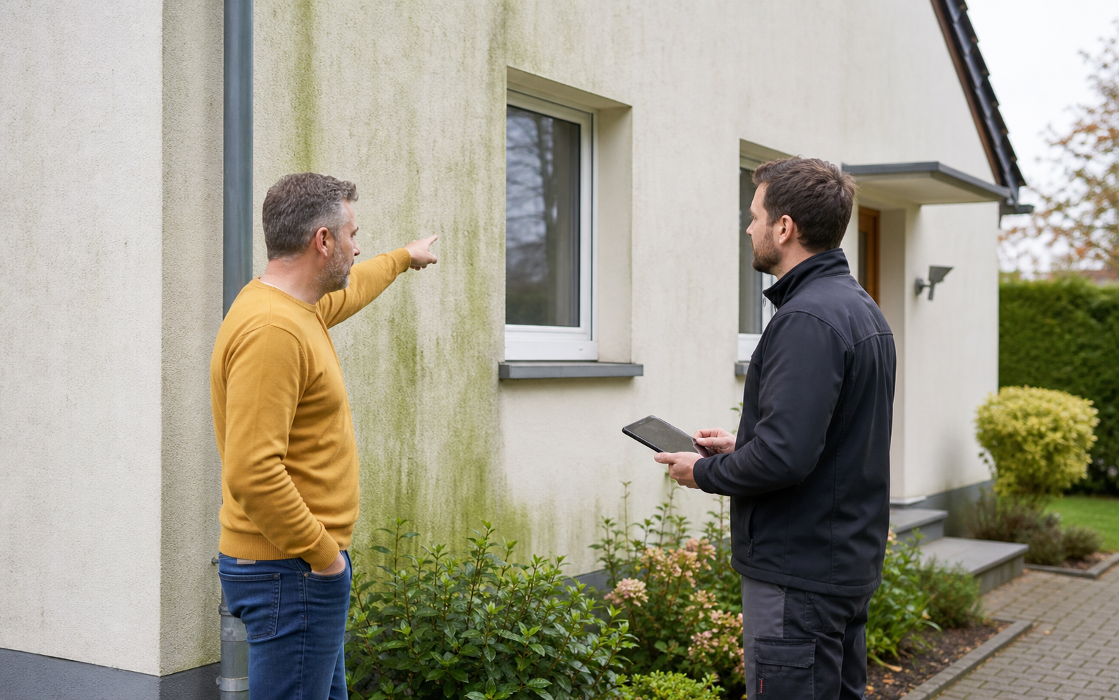 Algen und Grünbelag auf Hausfassade in Würzburg vor professioneller Fassadenreinigung