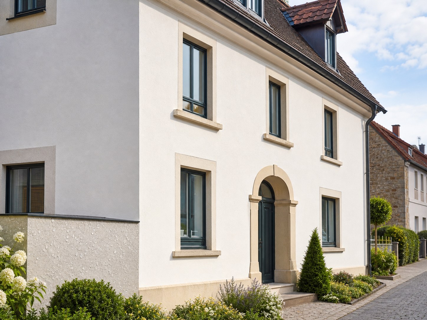 Gepflegte Hausfassade in Würzburg nach professioneller Fassadenreinigung und Fassadenimprägnierung