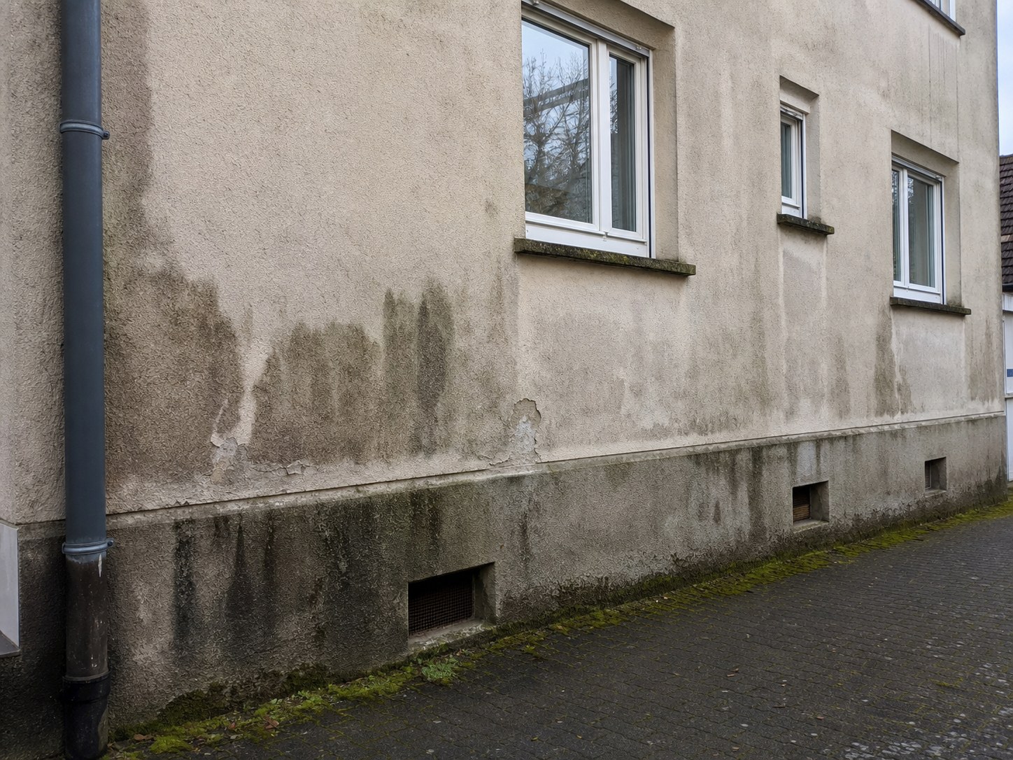 Fassadenschäden durch fehlende Imprägnierung – typisches Bild in Würzburg vor der Fassadenreinigung