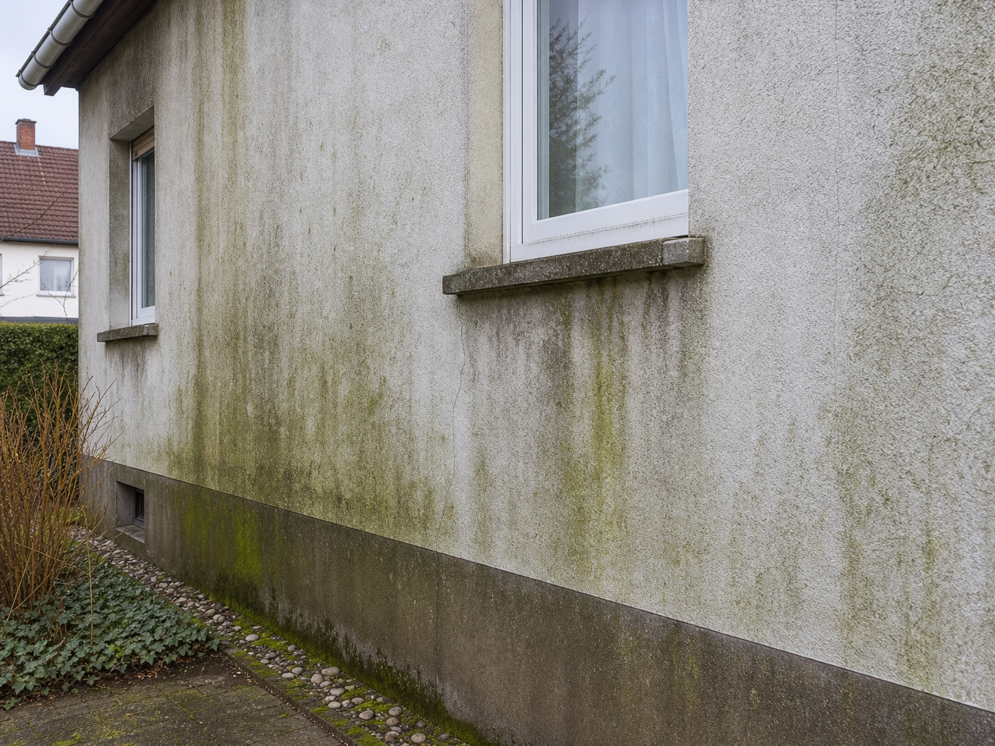 Schadhafte Hausfassade in Würzburg – Algen und Moos vor professioneller Fassadenreinigung