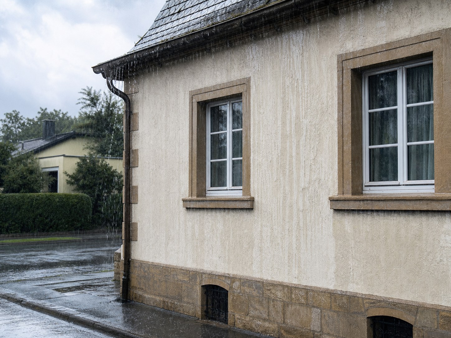 Würzburg Hausfassade im Regen – typische Schlagregenbeanspruchung in Mainfranken